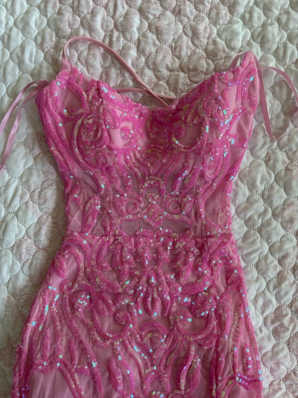Windsor Pink Sequin Spaghetti-Strap Prom Gown with Thigh Slit - Picture 11 of 12